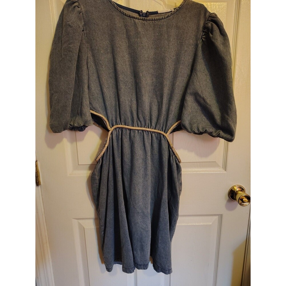 GeeGee Blue Denim Puff Sleeve Jean Jumpsuit Pockets Zip Beaded Accents Size L